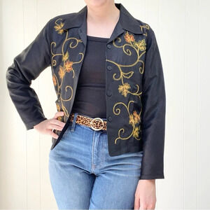 VTG S.L.B. Y2K Fall Embroidered 100% Silk Lightweight Jacket Blazer Size 4 Black